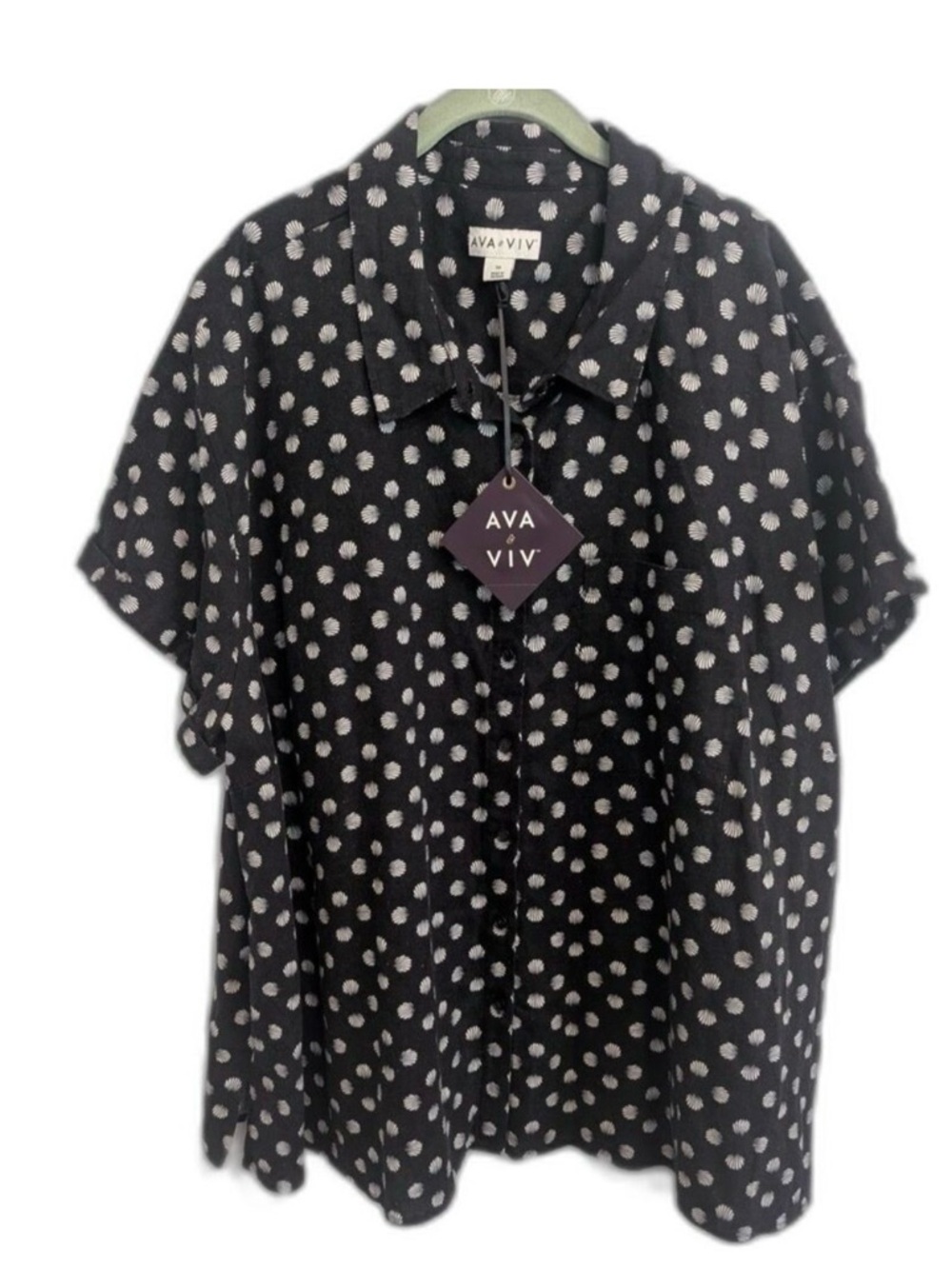 Plus Size Black Sea shells  Button-Up Short Sleeve Top - Picture 4 of 4